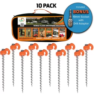 Ground Dog™ Screw In Pegs with Hook Collars - 10 Pack plus Socket & Free Bag